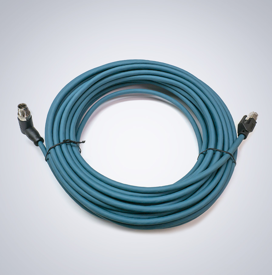 M12 to RJ45 IP67 Cat6a Cable [Right Angle, Down] – 15m, Dark Green