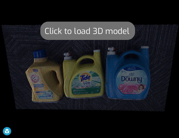 Laundry detergent bottles on carpet 3d point cloud